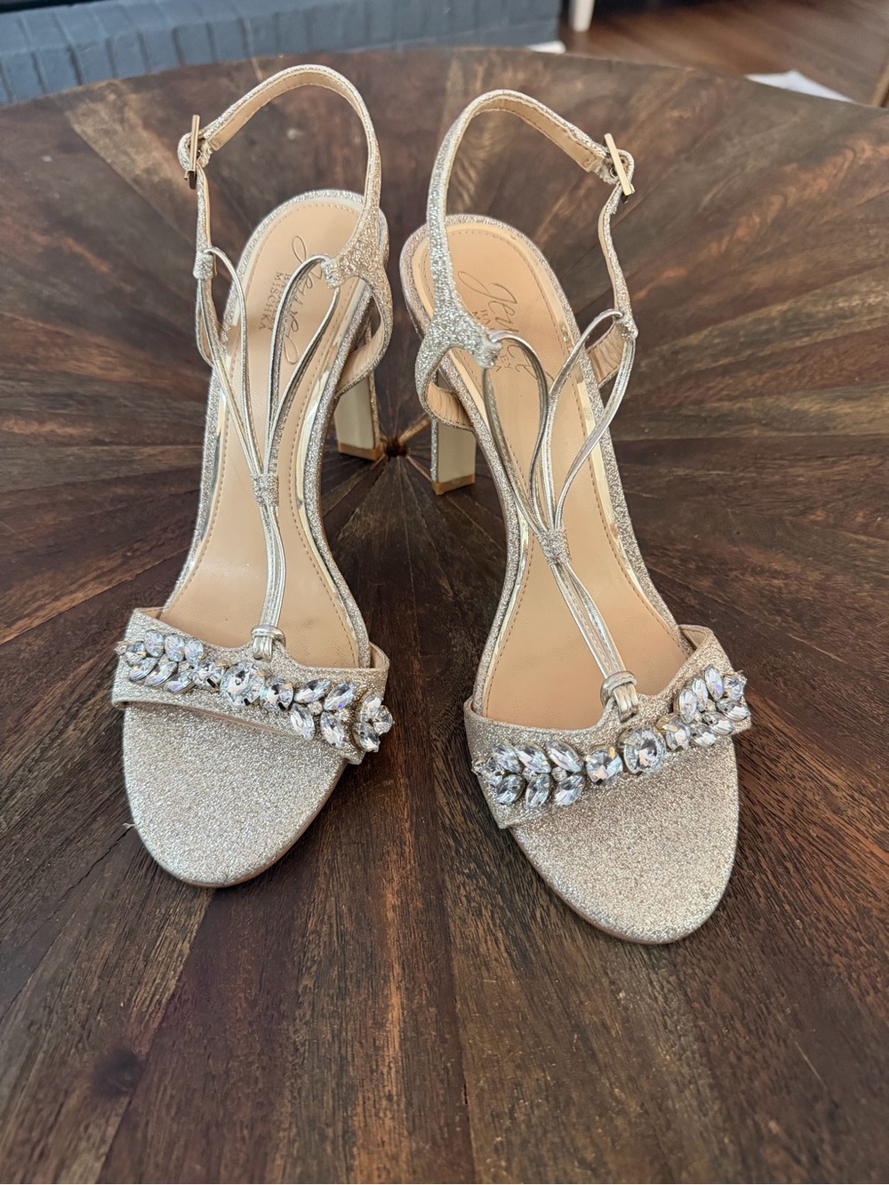 Jewel Badgley Mischka Gold Crystal Embellished Heeled Sandals